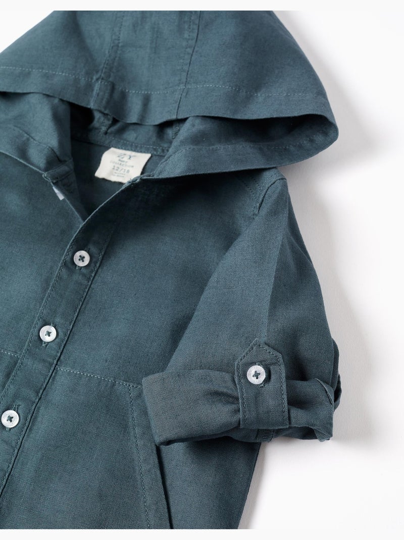 Chemise à manches longues en lin et coton avec capuche Bleu Bleu - Kiabi