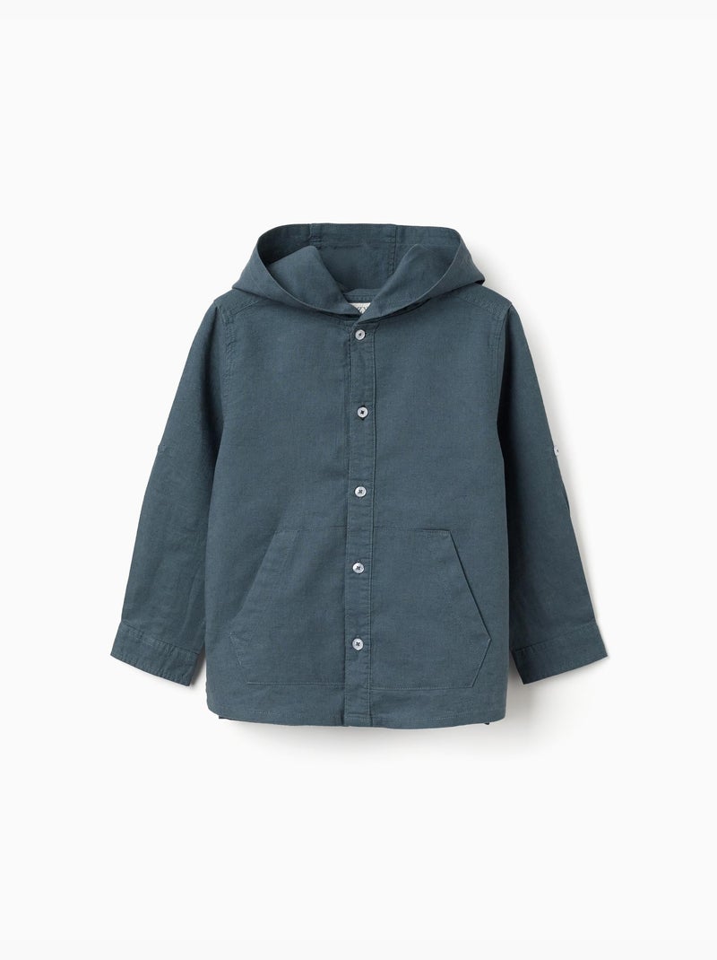 Chemise à manches longues en lin et coton avec capuche Bleu Bleu - Kiabi