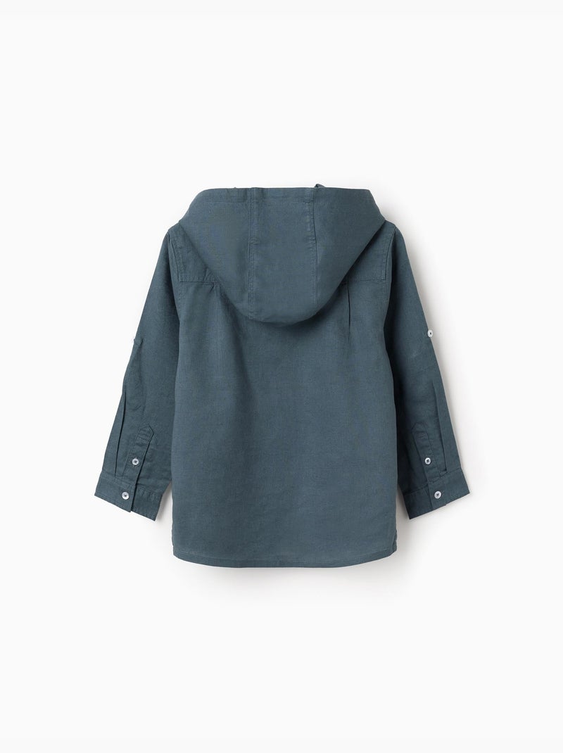 Chemise à manches longues en lin et coton avec capuche Bleu Bleu - Kiabi