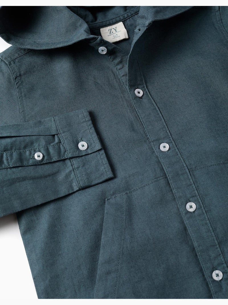Chemise à manches longues en lin et coton avec capuche Bleu Bleu - Kiabi