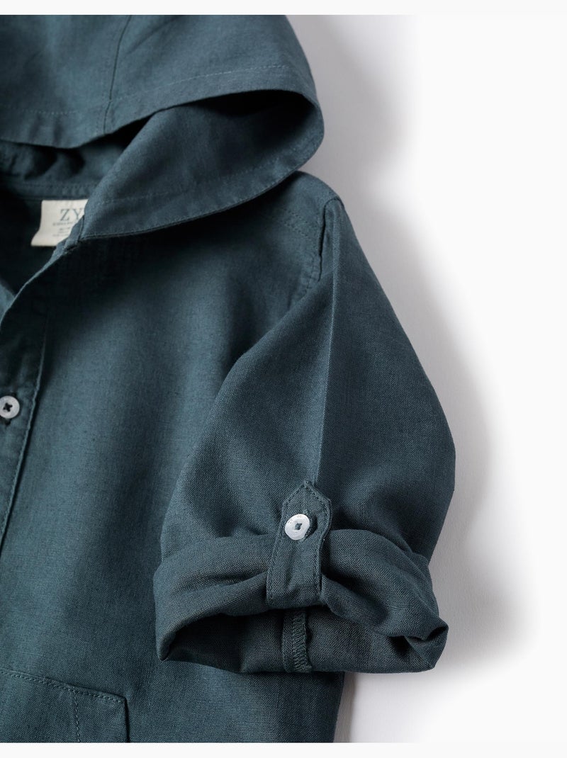 Chemise à manches longues en lin et coton avec capuche Bleu Bleu - Kiabi