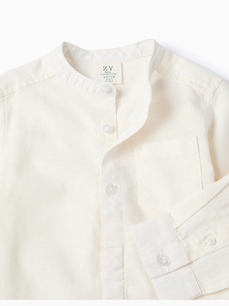 Chemise à manches longues en lin et coton avec col mao Blanc - Kiabi