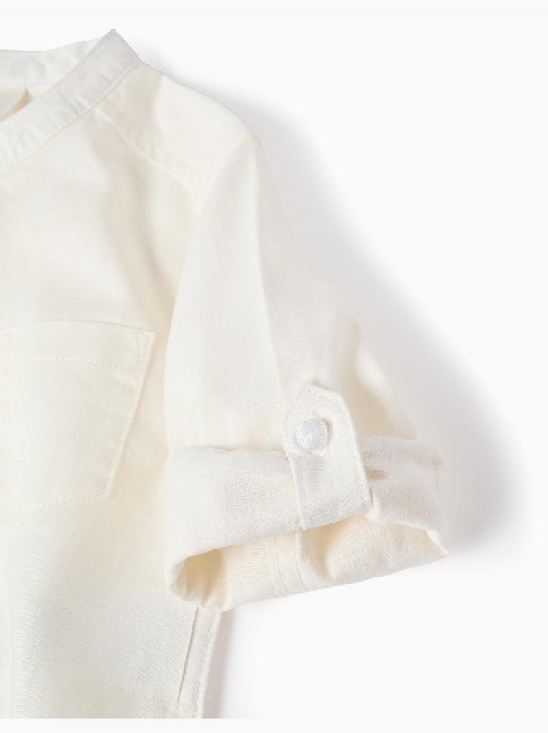 Chemise à manches longues en lin et coton avec col mao Blanc - Kiabi