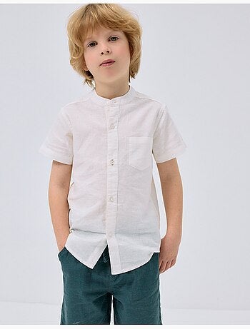 Chemise à manches longues en lin et coton avec col mao