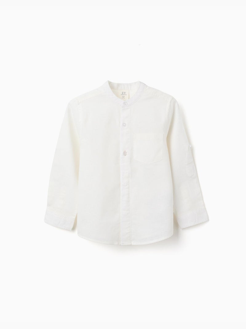 Chemise à manches longues en lin et coton avec col mao Blanc - Kiabi