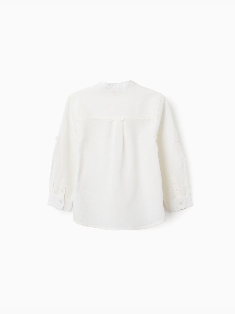 Chemise à manches longues en lin et coton avec col mao Blanc - Kiabi