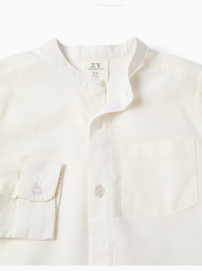 Chemise à manches longues en lin et coton avec col mao Blanc - Kiabi
