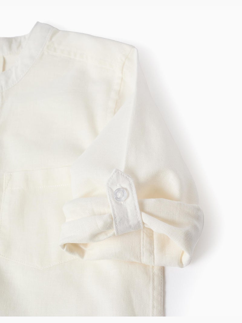 Chemise à manches longues en lin et coton avec col mao Blanc - Kiabi