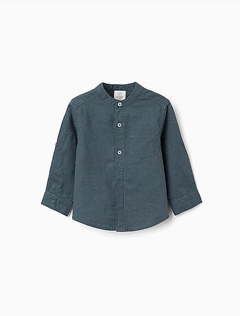 Chemise à manches longues en lin et coton avec col mao