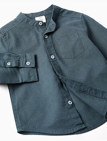 Chemise à manches longues en lin et coton avec col mao