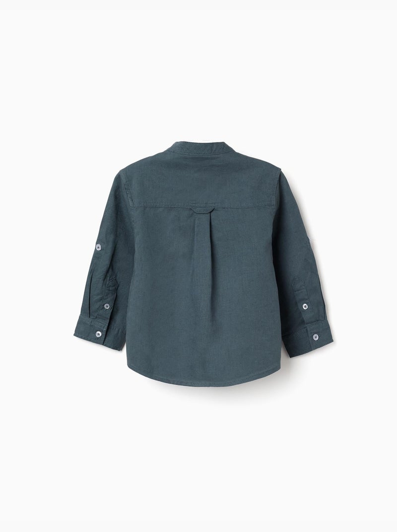Chemise à manches longues en lin et coton avec col mao Bleu Bleu - Kiabi
