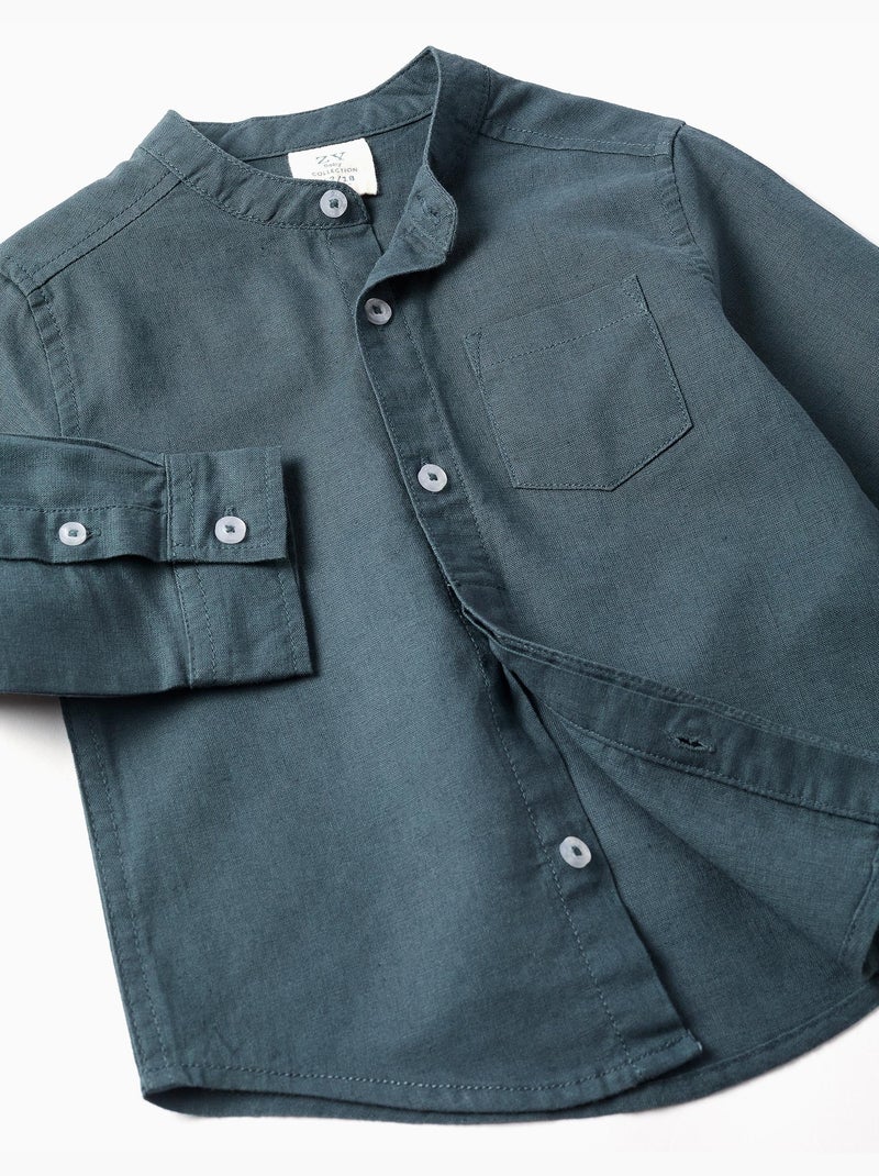 Chemise à manches longues en lin et coton avec col mao Bleu Bleu - Kiabi