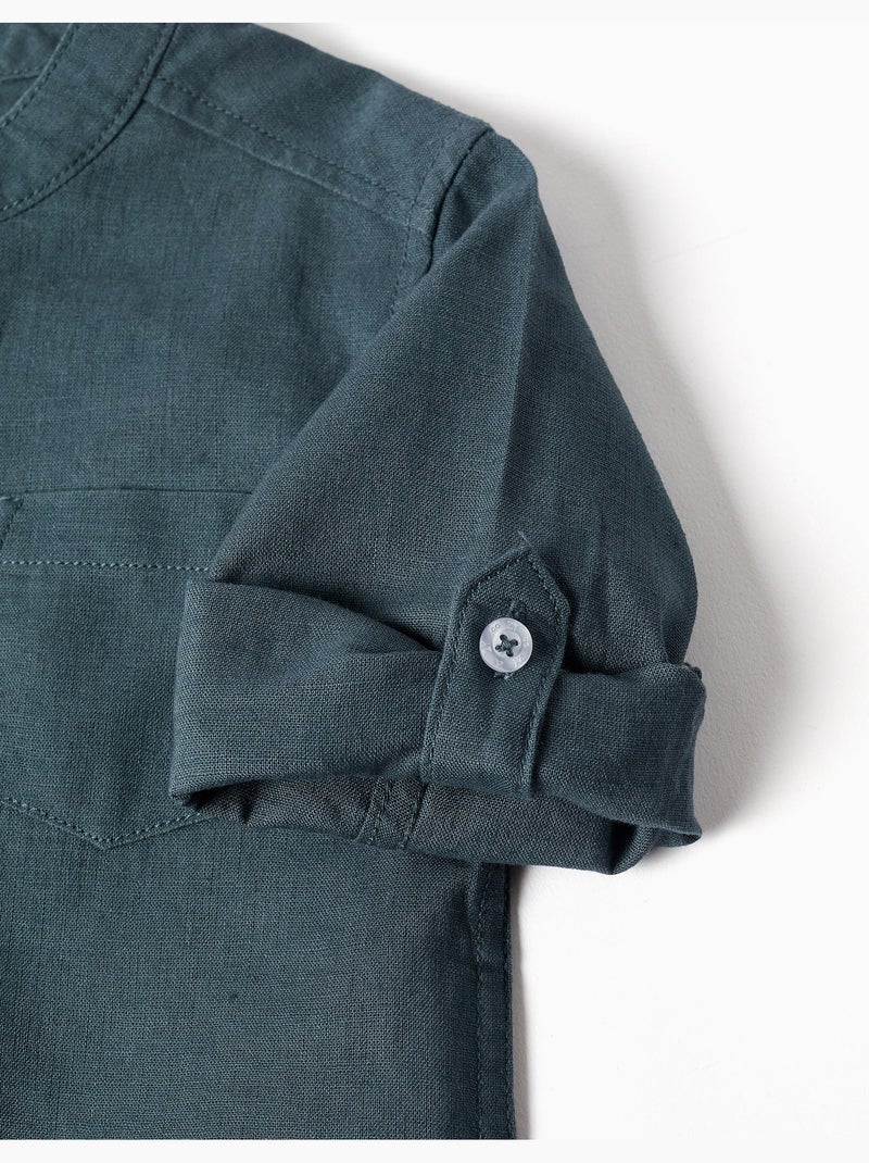 Chemise à manches longues en lin et coton avec col mao Bleu Bleu - Kiabi