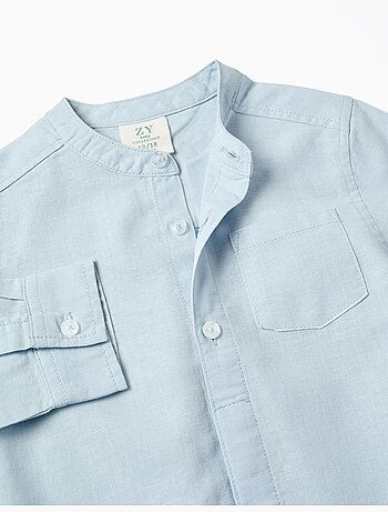 Chemise à manches longues en lin et coton avec col mao