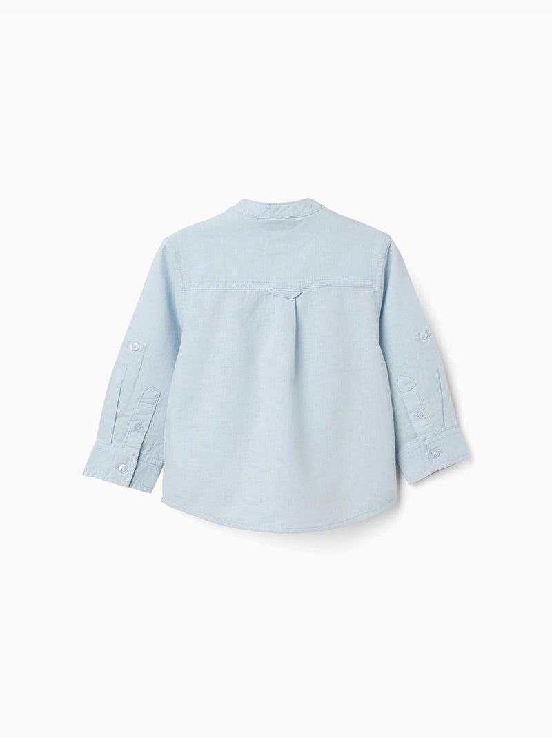 Chemise à manches longues en lin et coton avec col mao Bleu clair - Kiabi