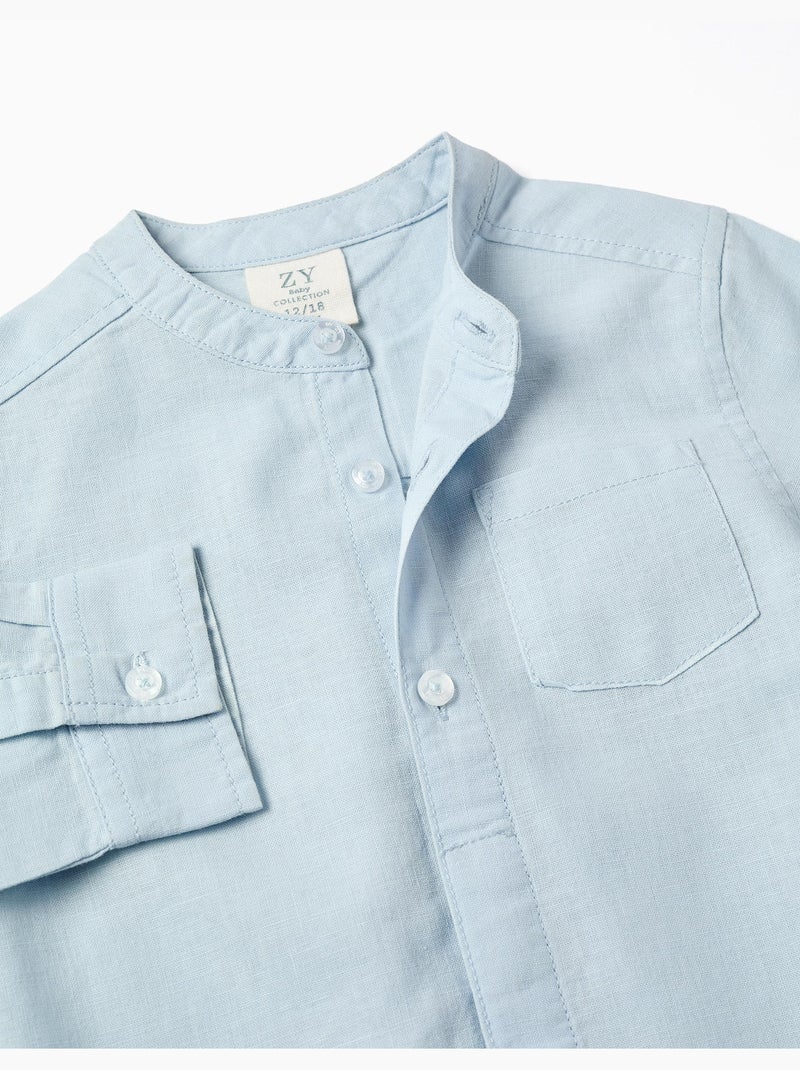 Chemise à manches longues en lin et coton avec col mao Bleu clair - Kiabi