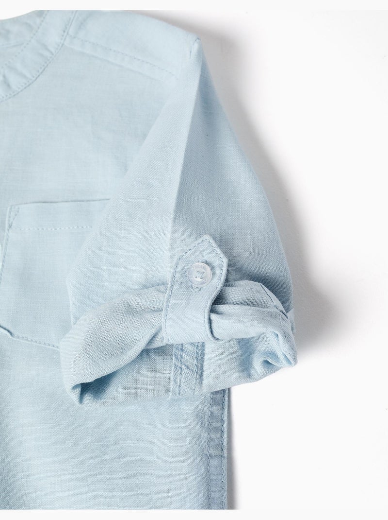 Chemise à manches longues en lin et coton avec col mao Bleu clair - Kiabi