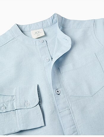 Chemise à manches longues en lin et coton avec col mao
