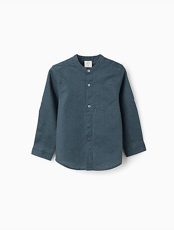 Chemise à manches longues en lin et coton avec col mao