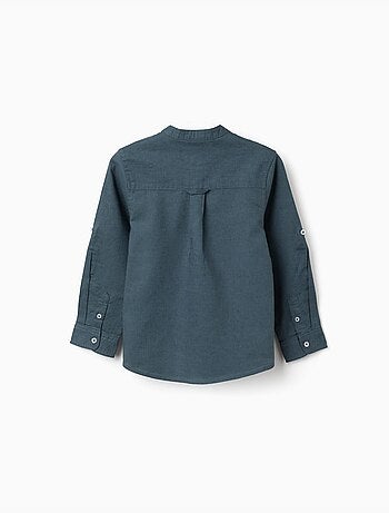Chemise à manches longues en lin et coton avec col mao