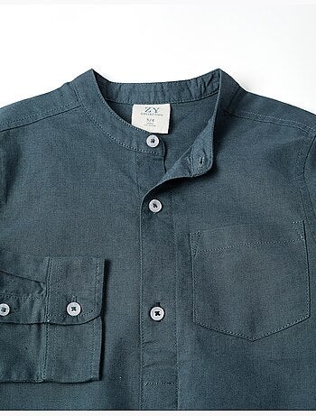 Chemise à manches longues en lin et coton avec col mao