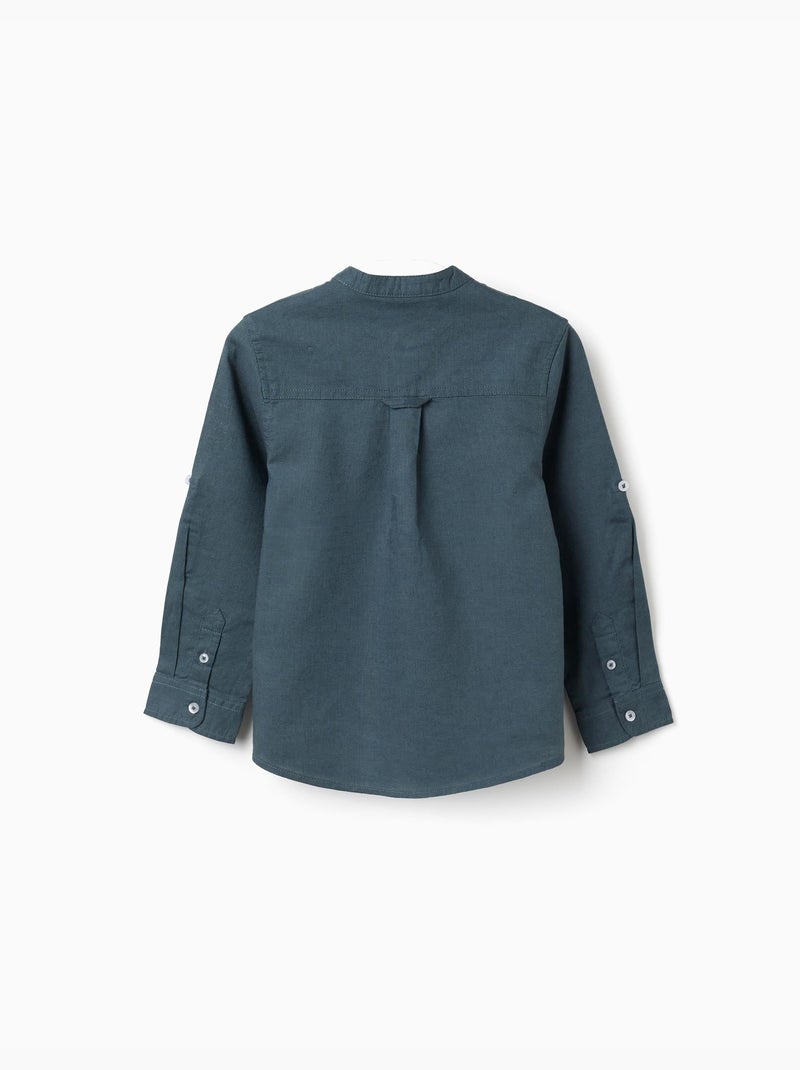 Chemise à manches longues en lin et coton avec col mao Bleu foncé - Kiabi