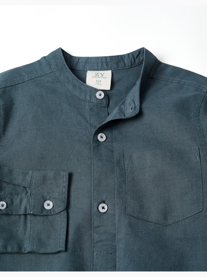 Chemise à manches longues en lin et coton avec col mao Bleu foncé - Kiabi