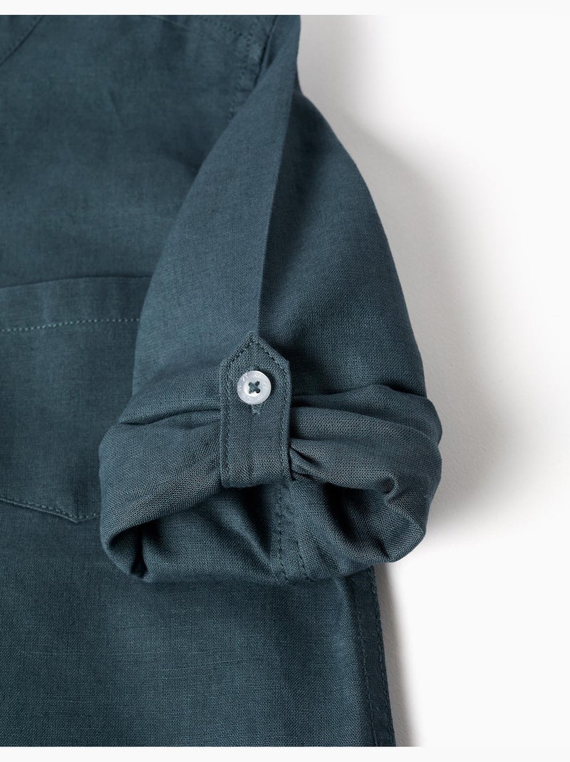 Chemise à manches longues en lin et coton avec col mao Bleu foncé - Kiabi
