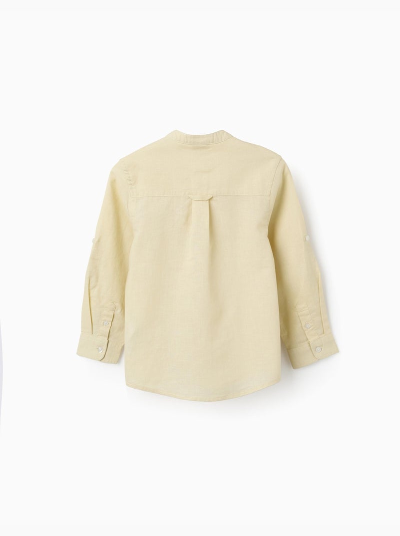 Chemise à manches longues en lin et coton avec col mao Jaune clair - Kiabi