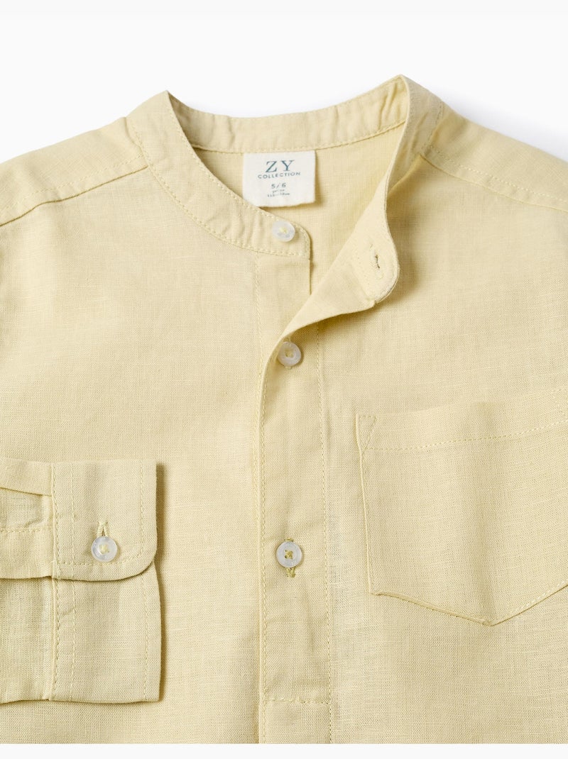 Chemise à manches longues en lin et coton avec col mao Jaune clair - Kiabi