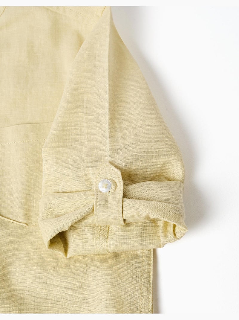Chemise à manches longues en lin et coton avec col mao Jaune clair - Kiabi