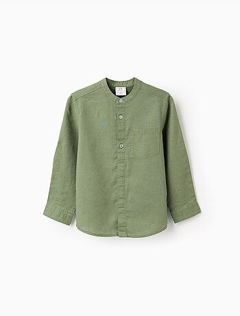 Chemise à manches longues en lin et coton avec col mao