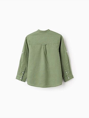 Chemise à manches longues en lin et coton avec col mao