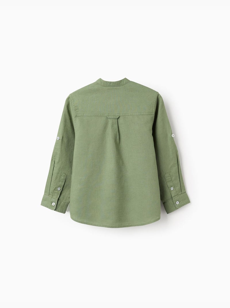 Chemise à manches longues en lin et coton avec col mao Vert - Kiabi