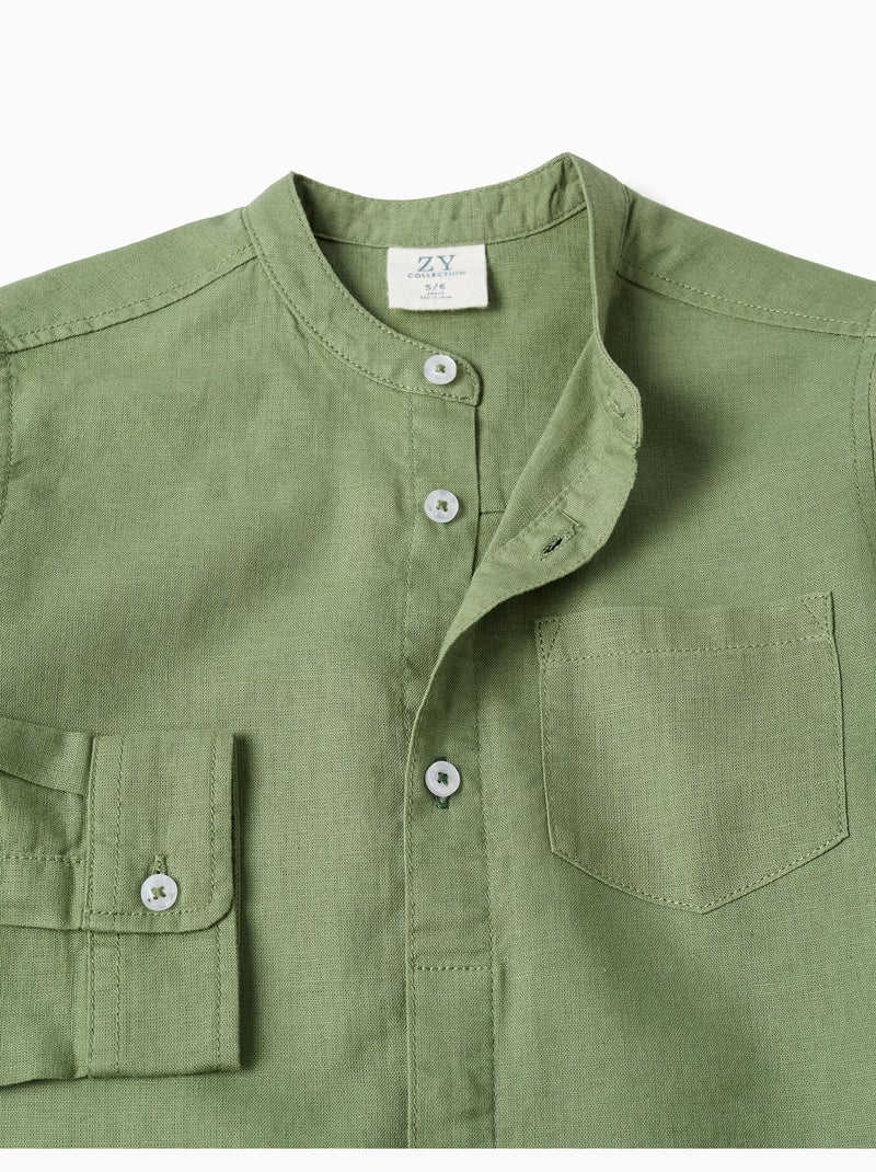 Chemise à manches longues en lin et coton avec col mao Vert - Kiabi