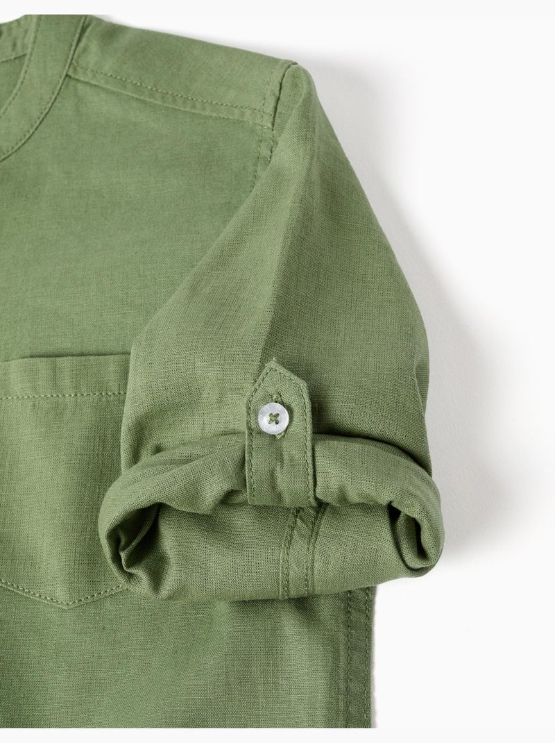 Chemise à manches longues en lin et coton avec col mao Vert - Kiabi