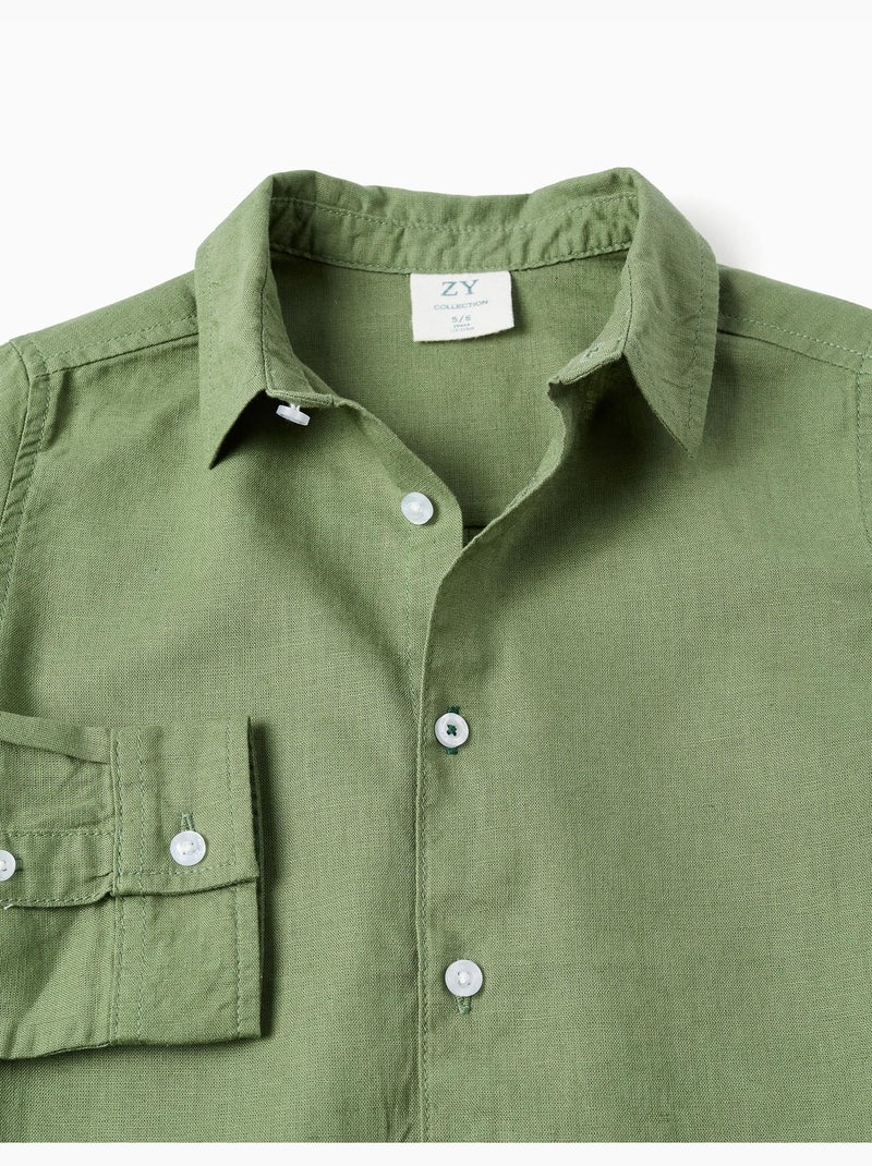 Chemise à manches longues en lin et coton Vert - Kiabi
