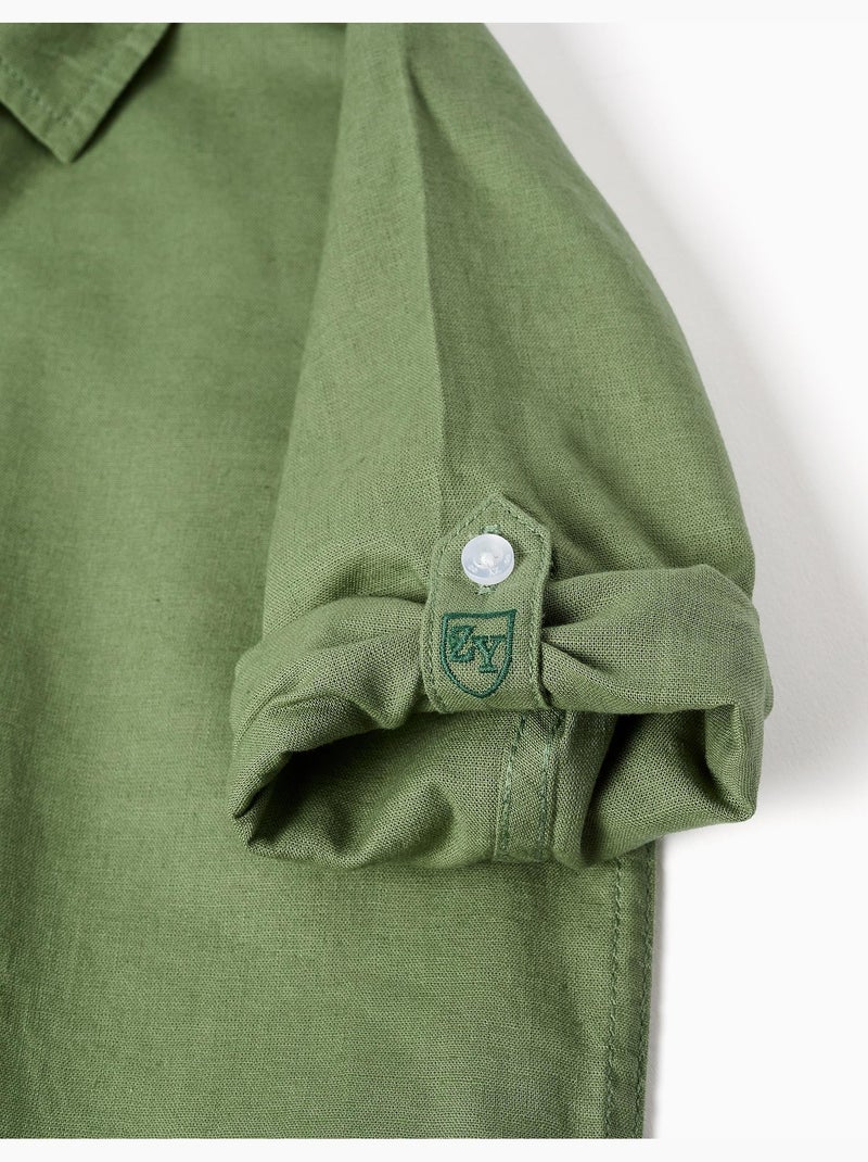 Chemise à manches longues en lin et coton Vert - Kiabi