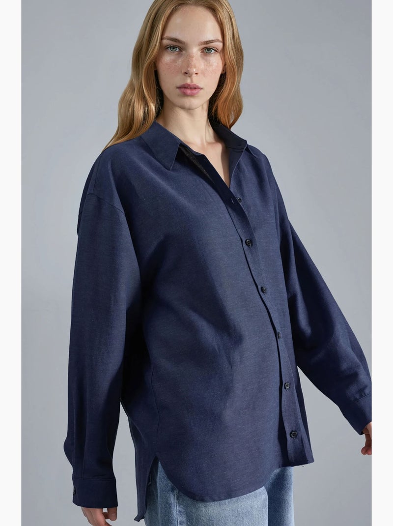 Chemise à manches longues en lin mélangé avec fermeture boutonnée hiccup Bleu marine - Kiabi