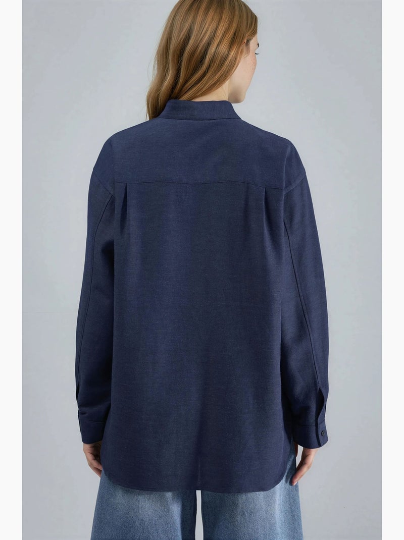 Chemise à manches longues en lin mélangé avec fermeture boutonnée hiccup Bleu marine - Kiabi