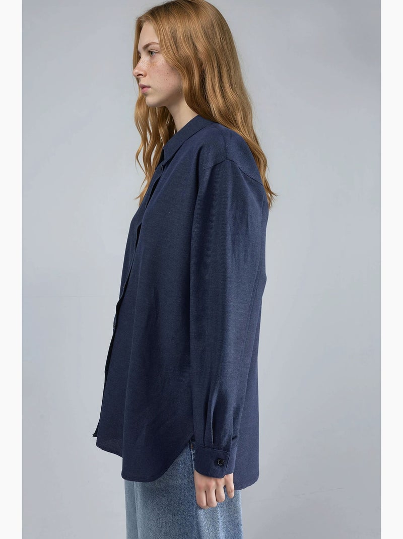 Chemise à manches longues en lin mélangé avec fermeture boutonnée hiccup Bleu marine - Kiabi