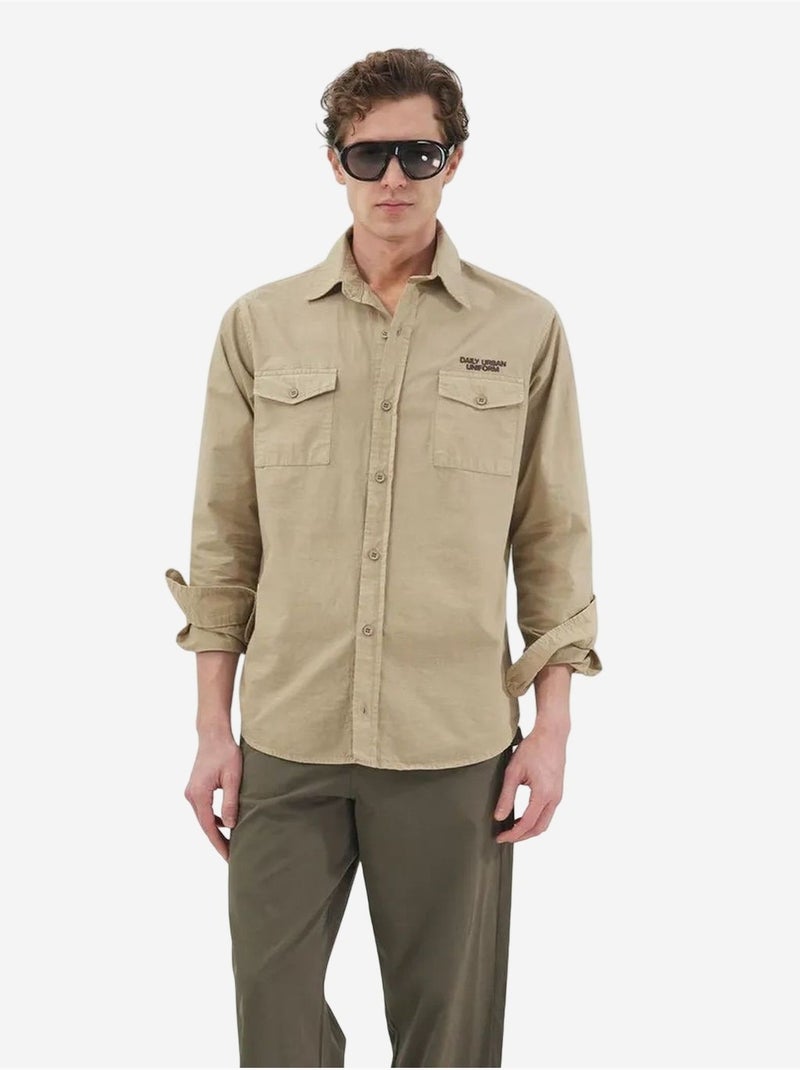 Chemise à manches longues en popeline de coton pour homme giesto Beige naturel - Kiabi
