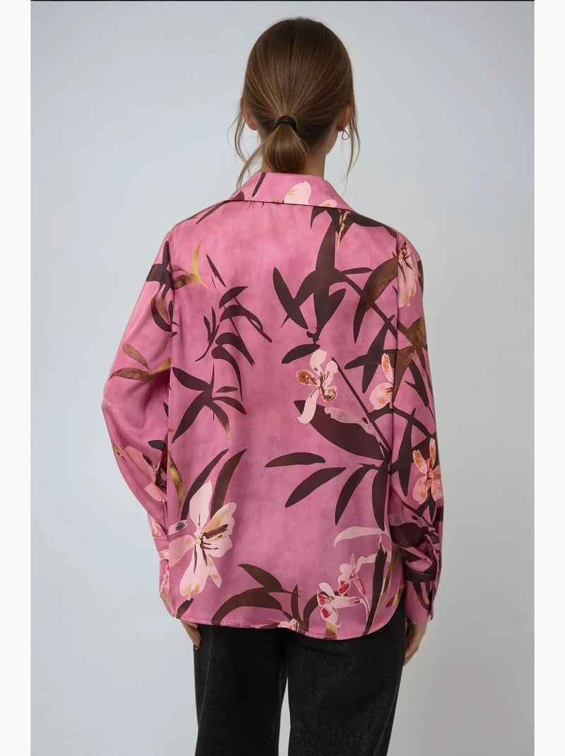Chemise à manches longues imprimée en satin hiccup Rose - Kiabi