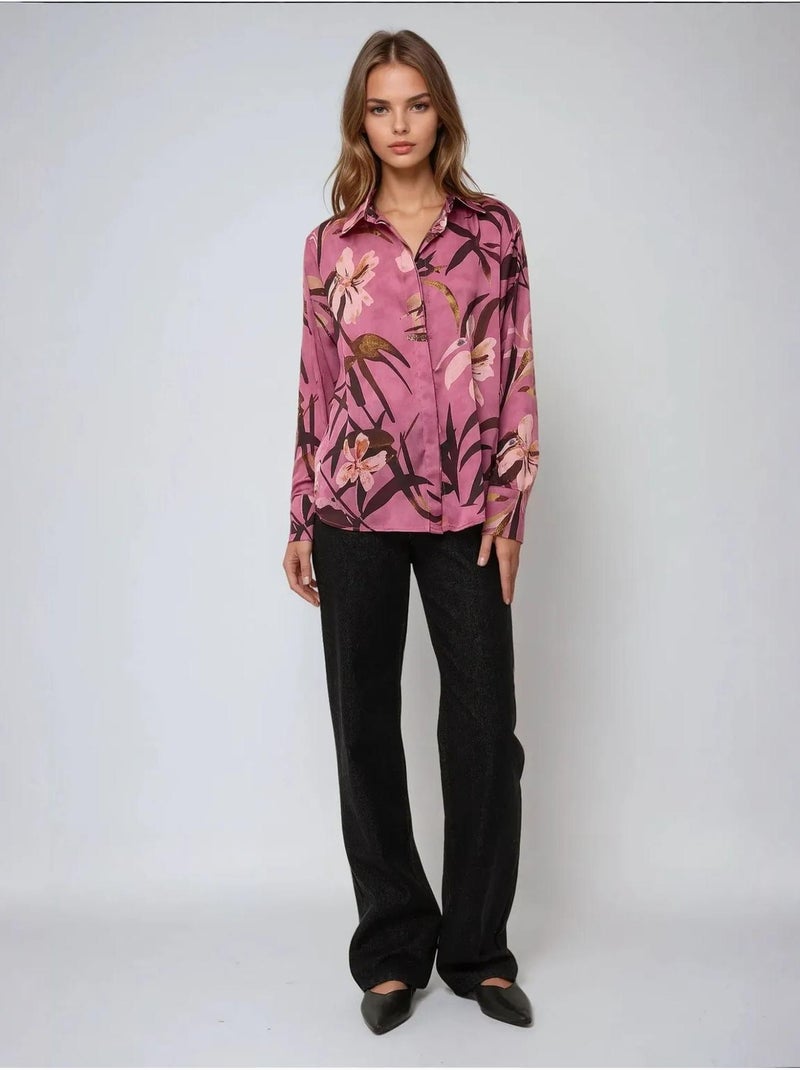 Chemise à manches longues imprimée en satin Rose - Kiabi