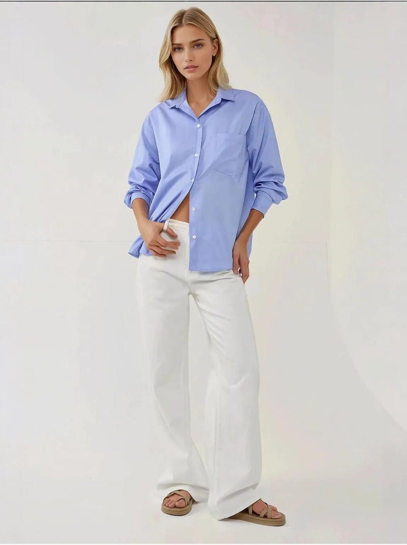 Chemise à manches longues texturée coupe classique, toucher lin Bleu - Kiabi