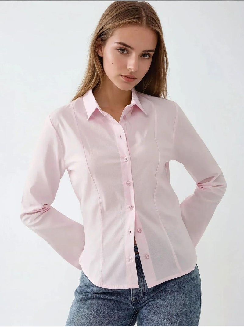 Chemise ajustée à manches longues Rose pâle - Kiabi