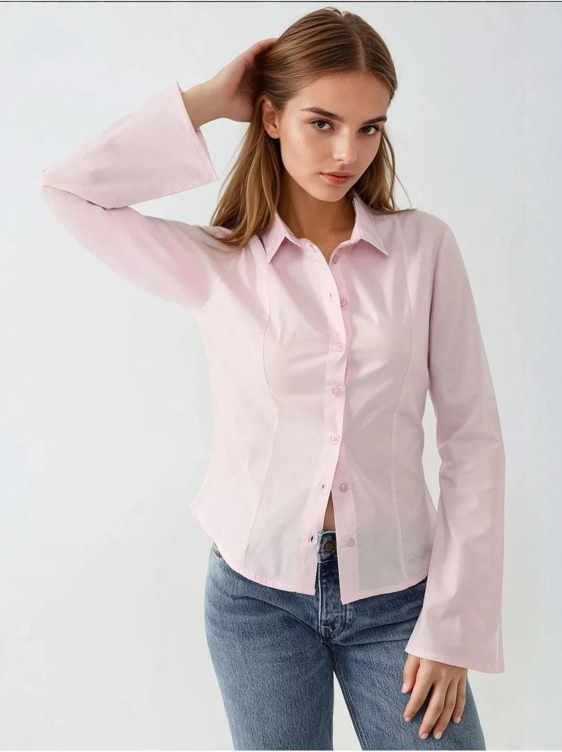 Chemise ajustée à manches longues Rose pâle - Kiabi