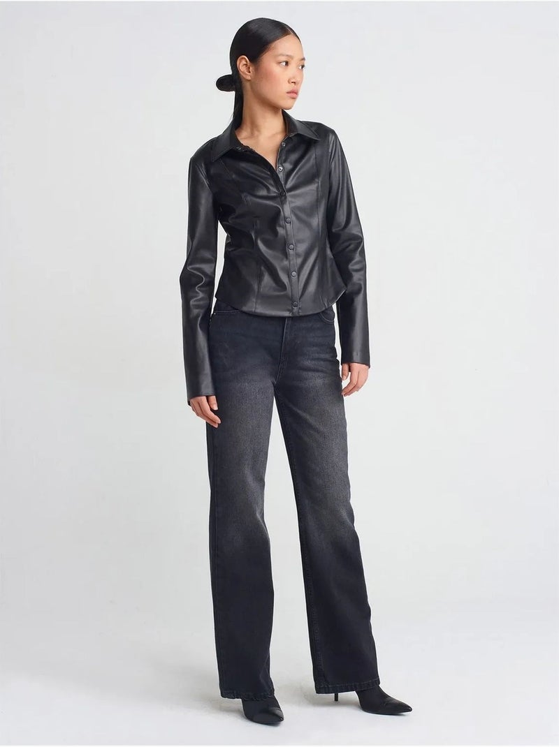 Chemise ajustée aspect cuir dilvin Noir - Kiabi