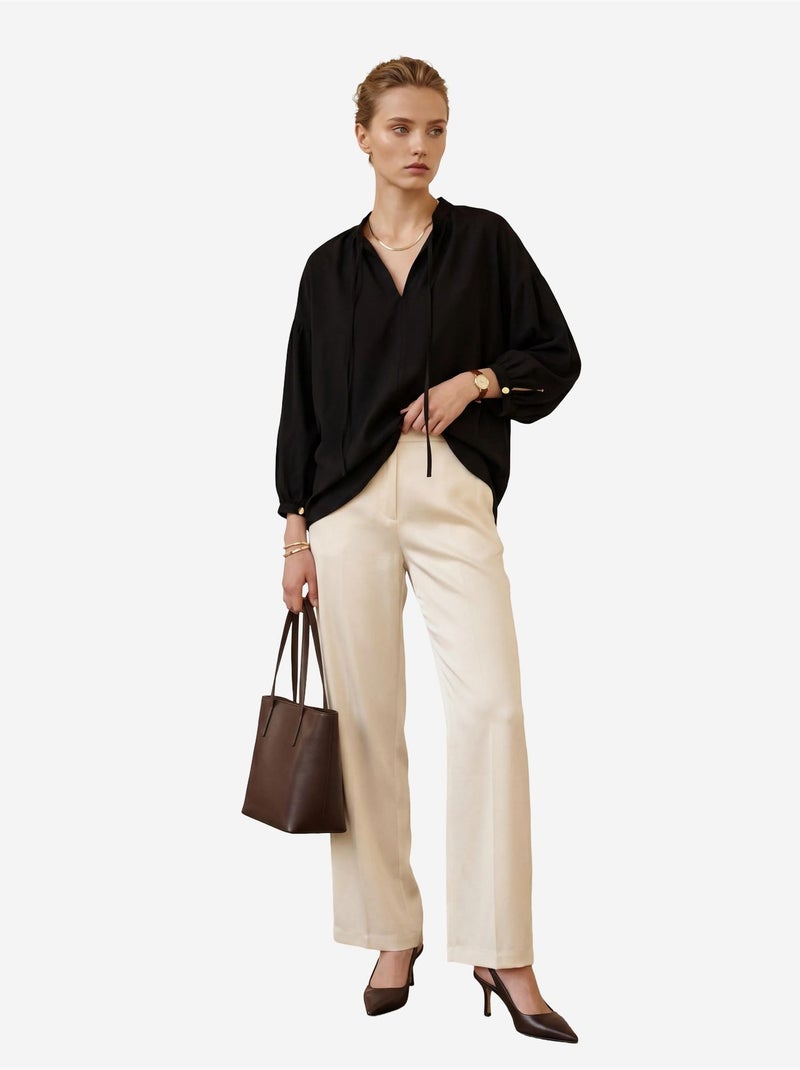 Chemise ample à manches longues en crêpe avec col mandarin my fashion Noir - Kiabi