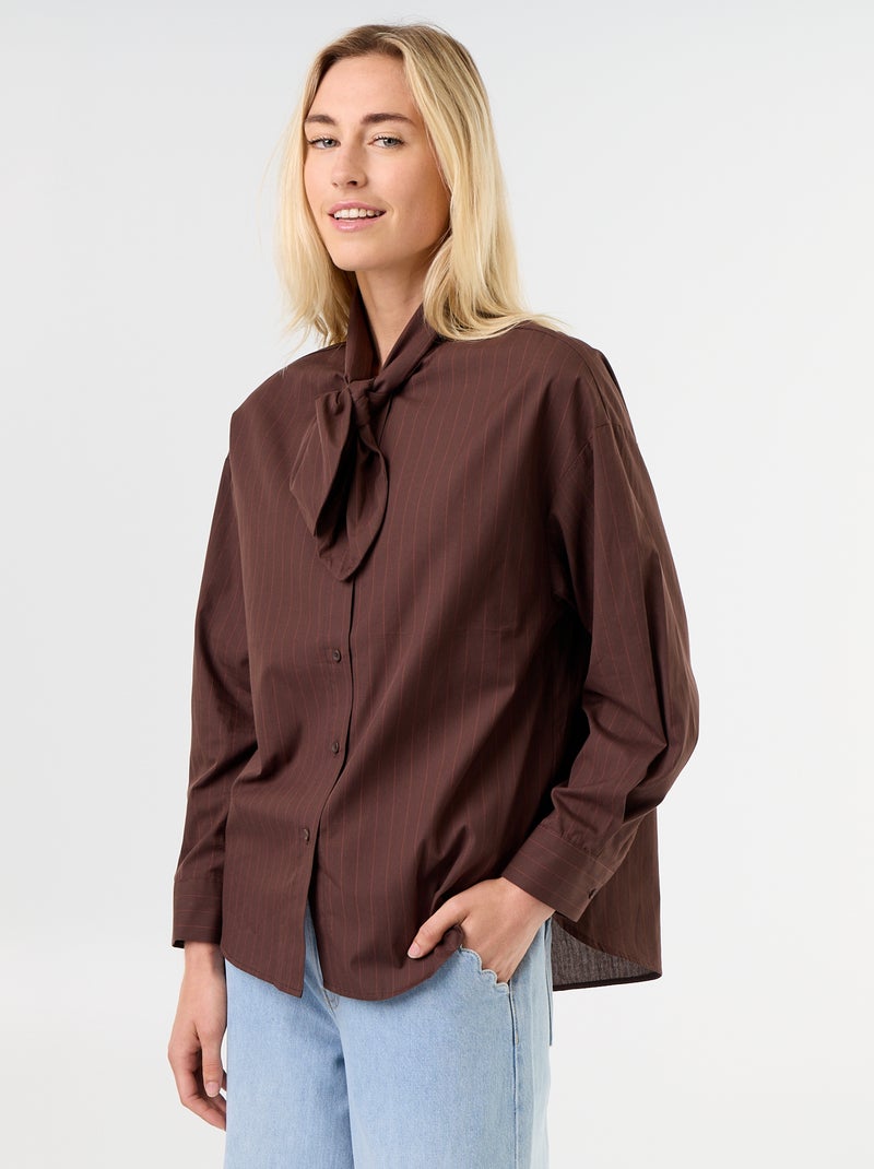 Chemise ample à manches longues et col lavallière Marron - Kiabi